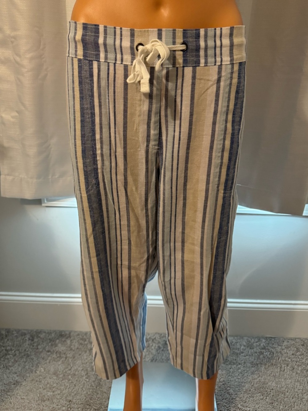 Great Dash size L white blue tan stripe linen blend cropped drawstring pants new